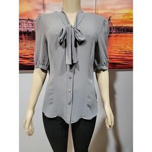 Miss Tina Gray Tie Front Sheer Chiffon Short Sleeve Top Blouse Signed Button #C